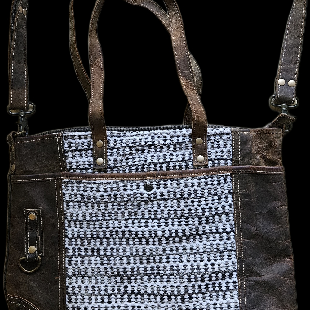 Myra Bag Leather & Woven Cotton Tote / Crossbody – Boho Rug Style 17.5"x14"